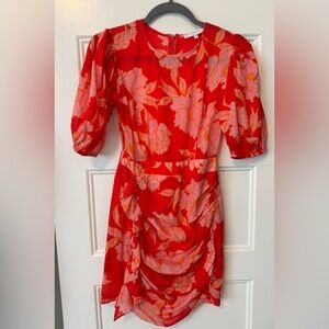 Olivaceous Red Pink Floral Ruched Mini Dress Puff Sleeve Size Small